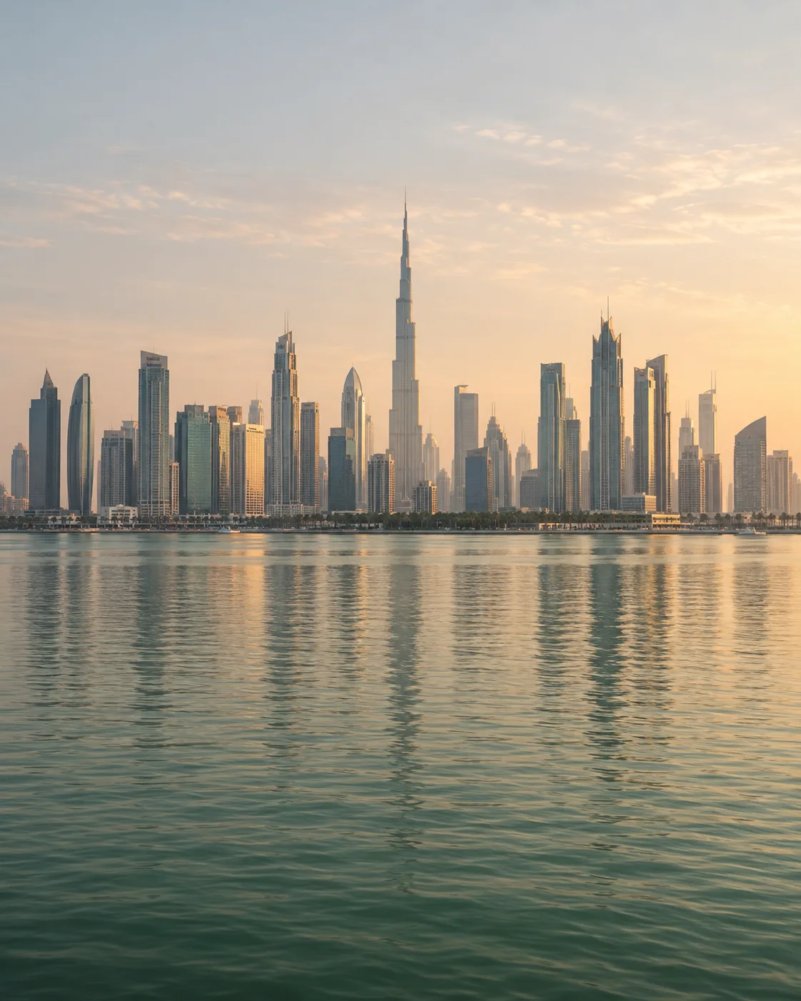 Dubai skyline with Burj Khalifa above calm water in warm morning light
